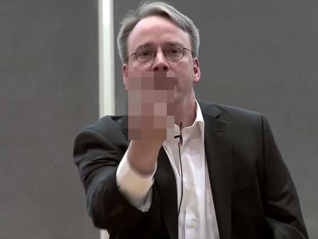Linus Torvalds giving the middle finger.